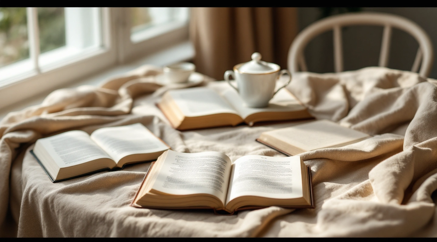 Unbranded books and paper reading materials on a naturally lit table.