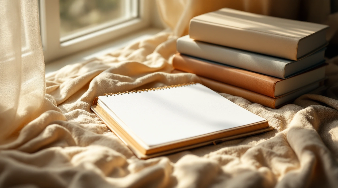 Unbranded books and paper reading materials on a naturally lit table.