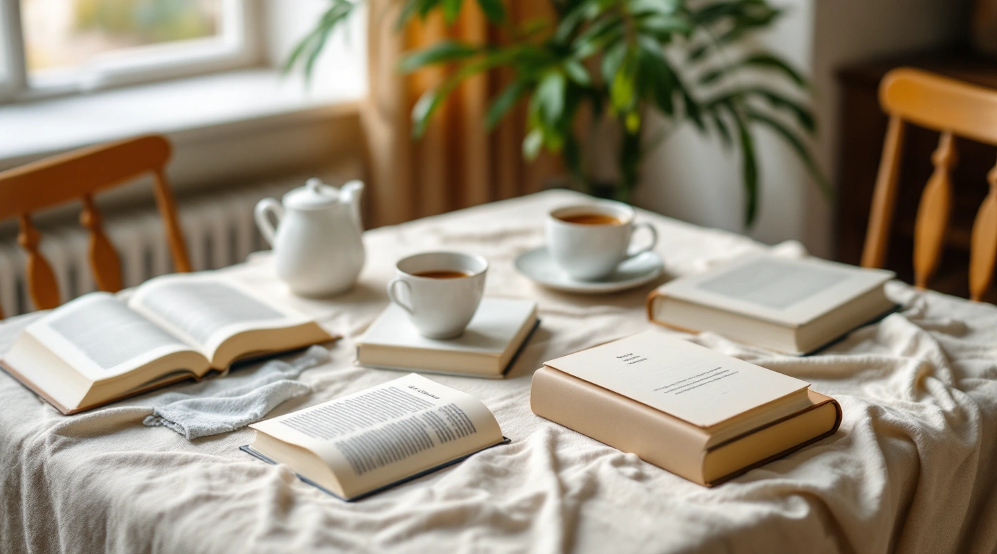 Unbranded books and paper reading materials on a naturally lit table.