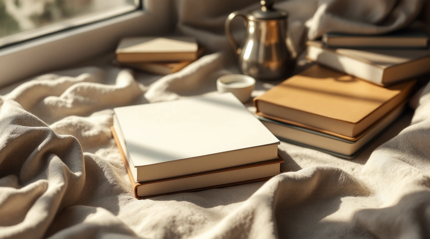 Unbranded books and paper reading materials on a naturally lit table.