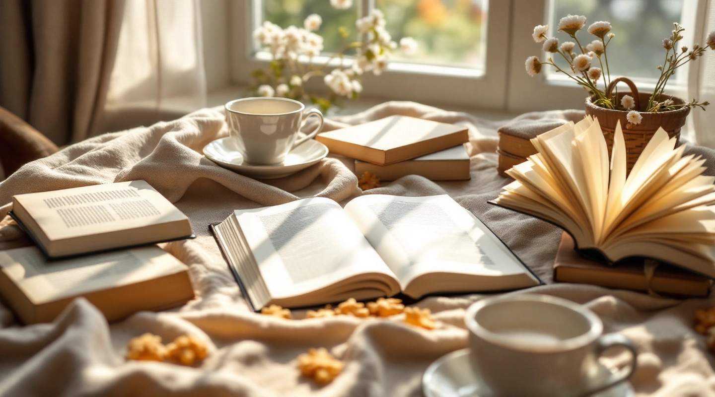 Unbranded books and paper reading materials on a naturally lit table.