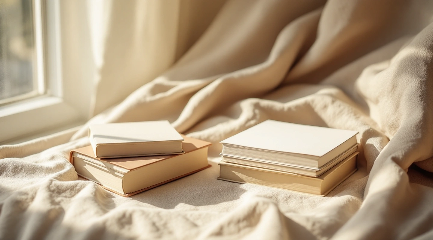 Unbranded books and paper reading materials on a naturally lit table.