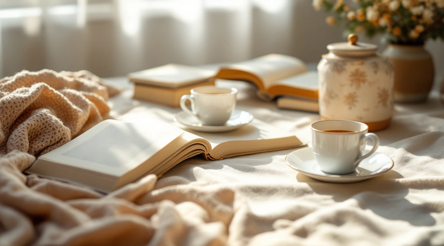 Unbranded books and paper reading materials on a naturally lit table.