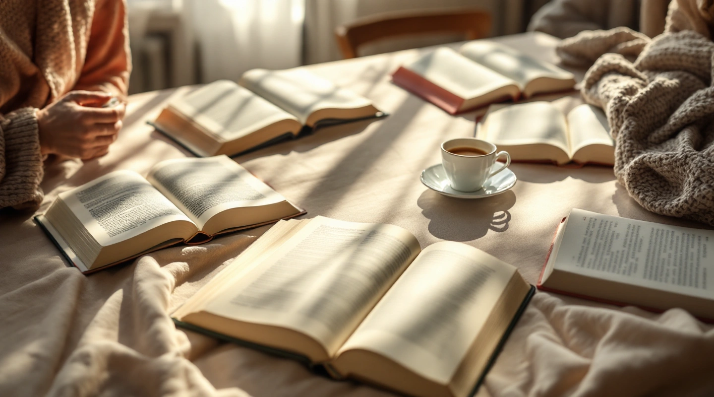 Unbranded books and paper reading materials on a naturally lit table.
