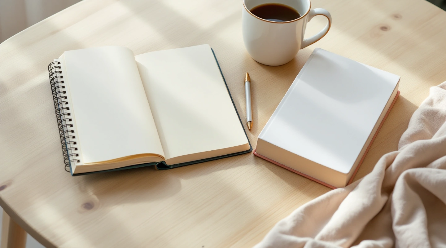 Unbranded books and paper reading materials on a naturally lit table.