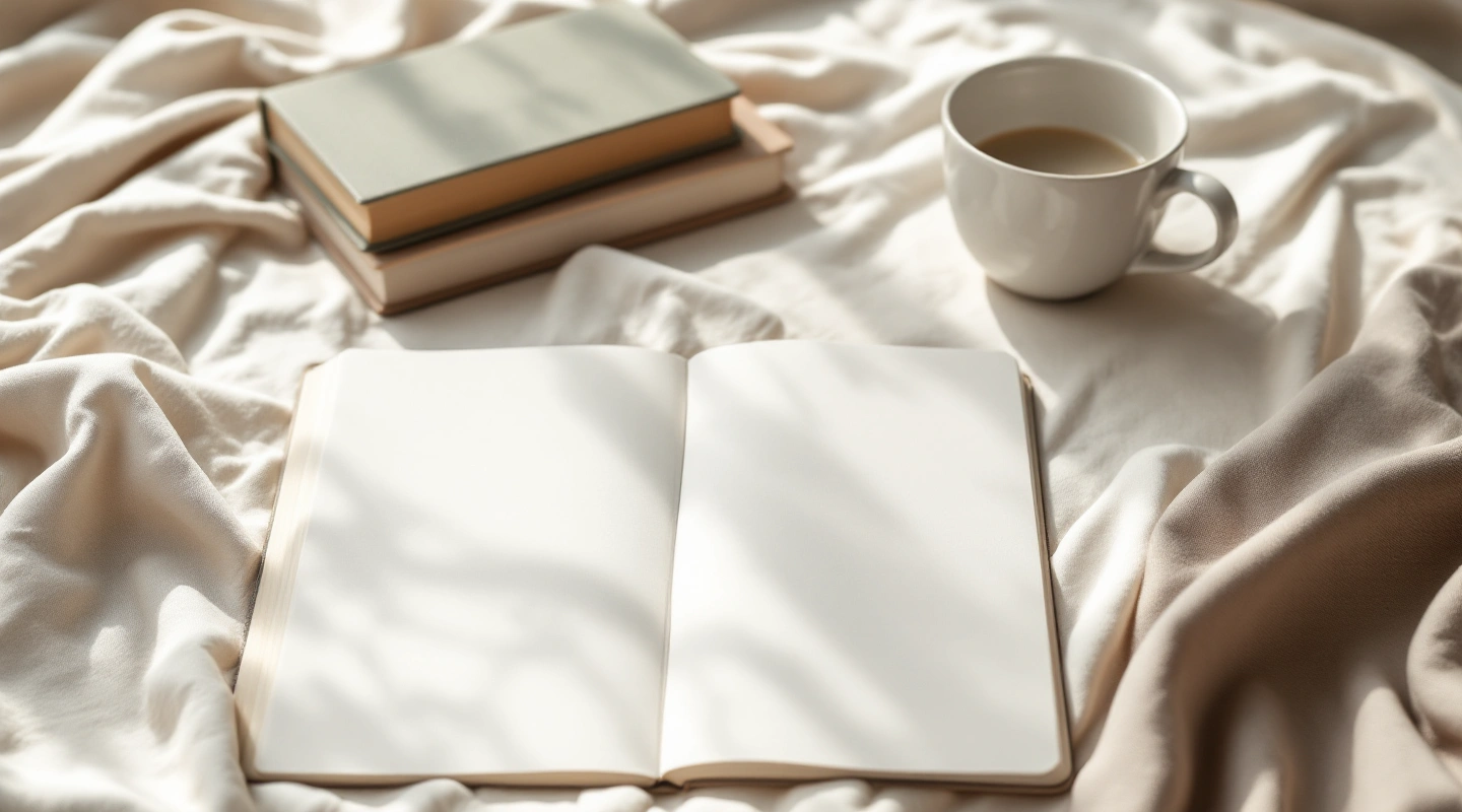 An open notebook and plain books beside a cup on cream linen.
