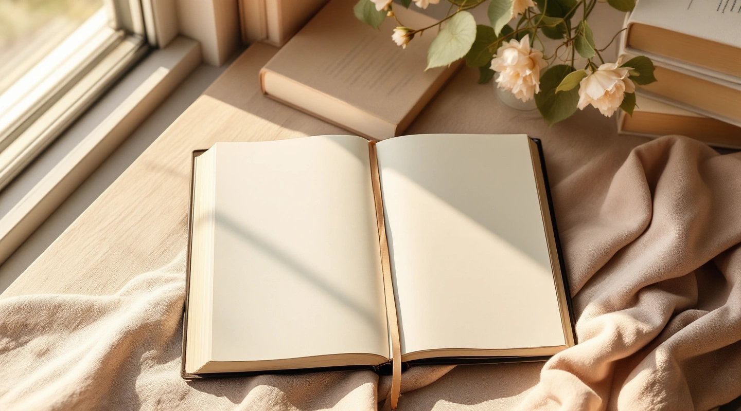 Unbranded books and paper reading materials on a naturally lit table.