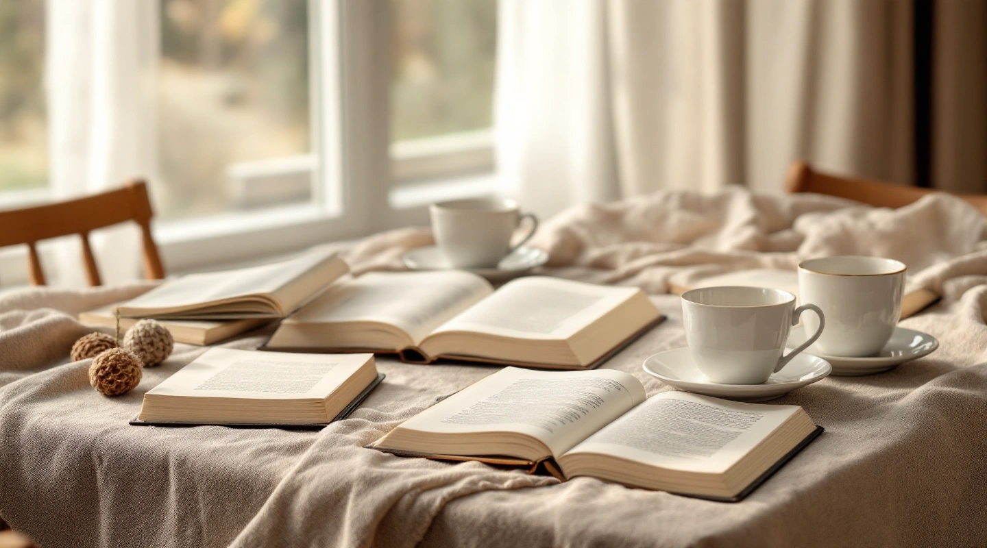 Unbranded books and paper reading materials on a naturally lit table.