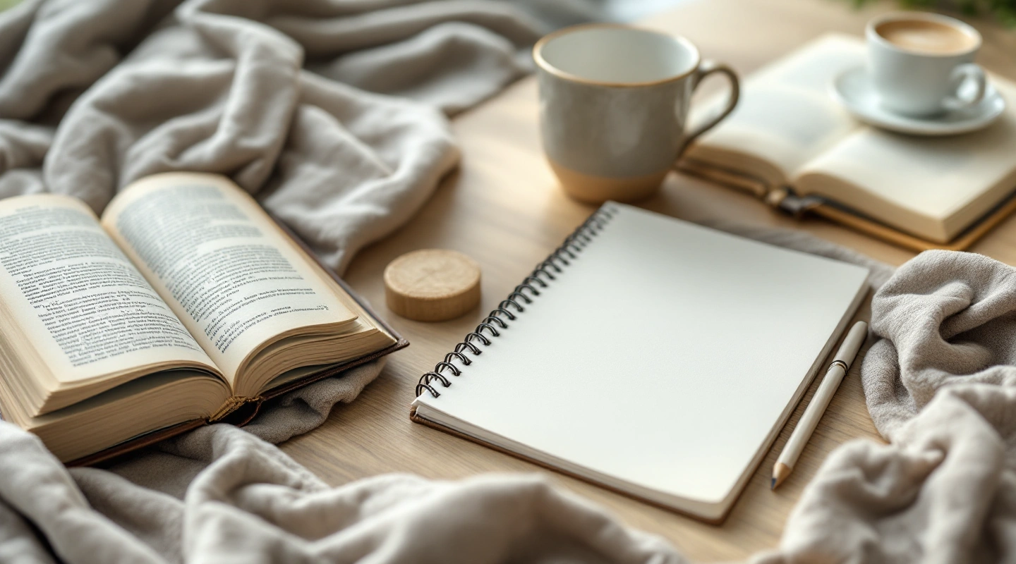 Unbranded books and paper reading materials on a naturally lit table.