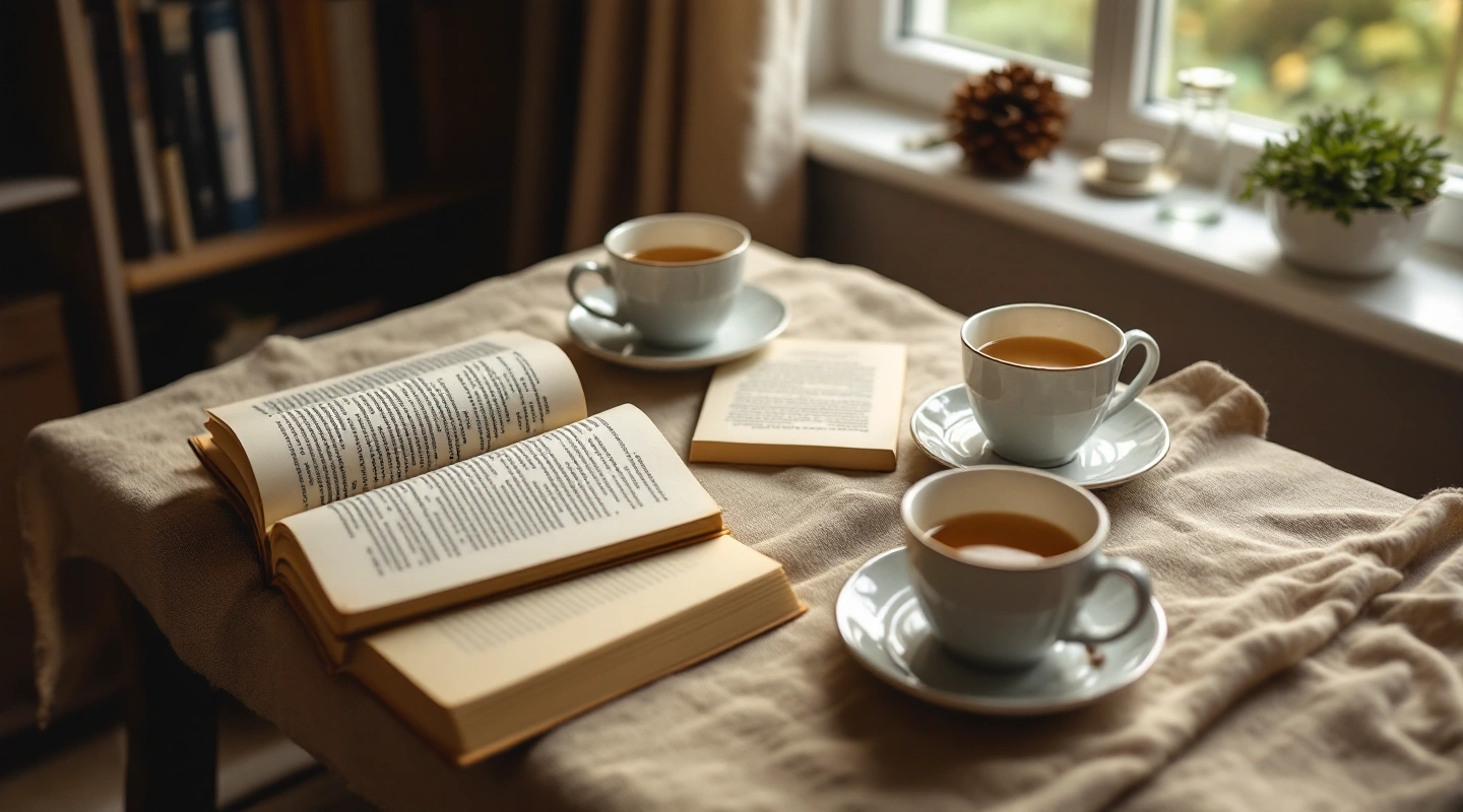 Unbranded books and paper reading materials on a naturally lit table.