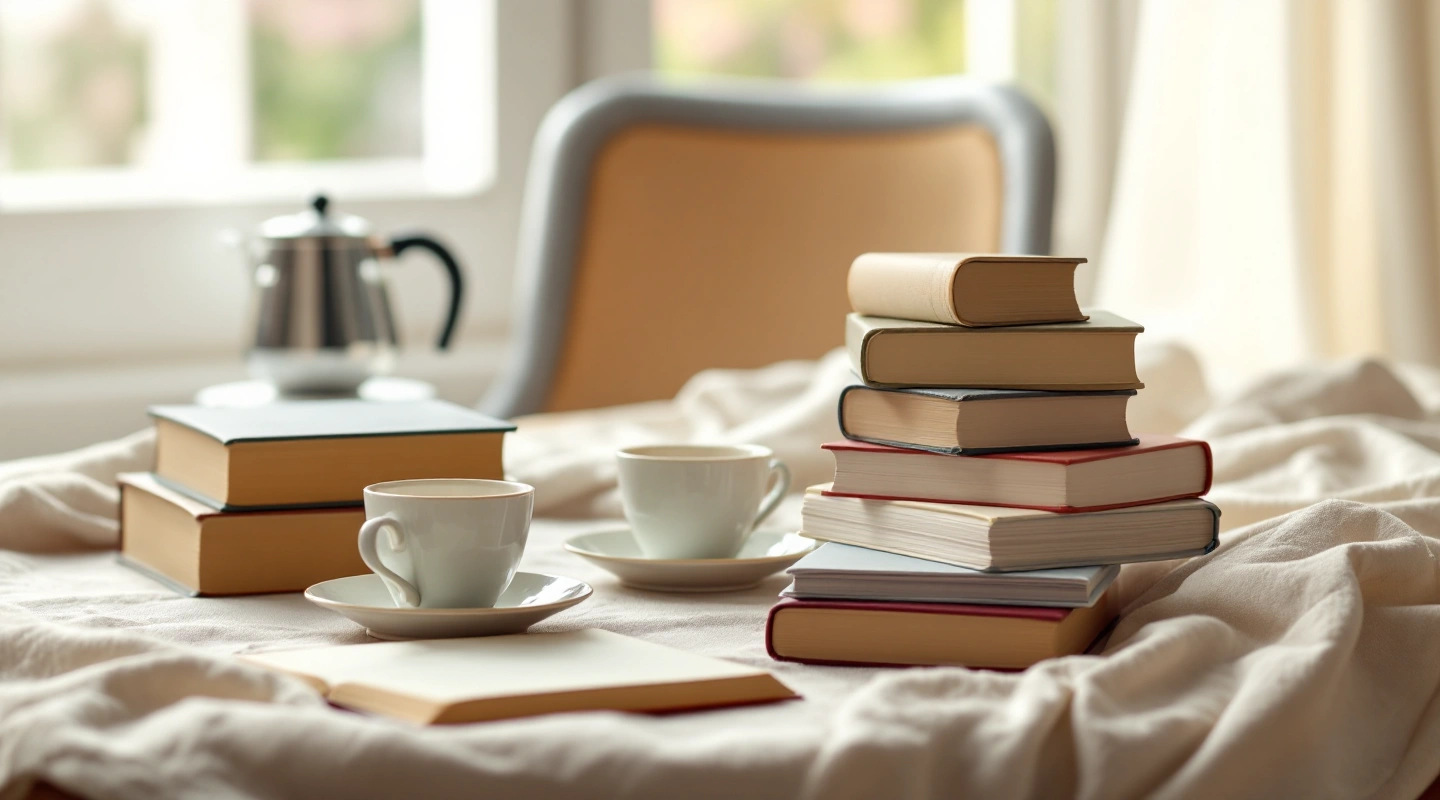 Unbranded books and paper reading materials on a naturally lit table.