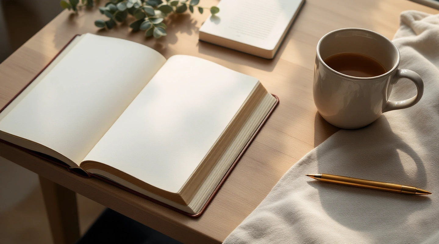 Unbranded books and paper reading materials on a naturally lit table.