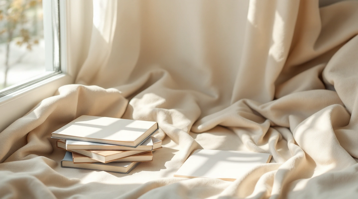 Unbranded books and paper reading materials on a naturally lit table.